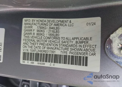 2024 Honda Civic Sport из США, поврежденный, VIN 19XFL2H80RE017991